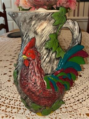 Vintage Hand-Painted Rooster Ceramic Pitcher - Multicolor